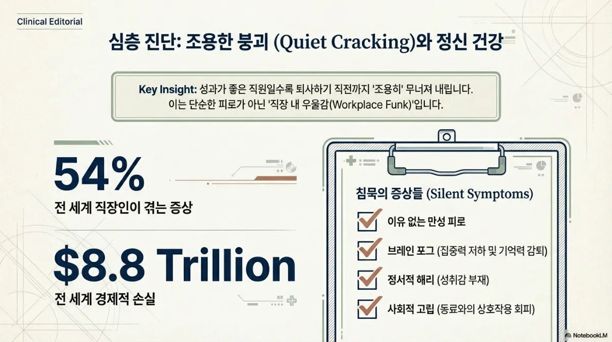 심층 진단 슬라이드. 왼쪽에 54%(전 세계 직장인이 겪는 증상)와 8.8조 달러(경제적 손실), 오른쪽 차트에는 침묵의 증상 네 가지 — 이유 없는 만성 피로, 브레인 포그(집중력 저하와 기억력 감퇴), 정서적 해리(성취감 부재), 사회적 고립(동료와의 상호작용 회피)