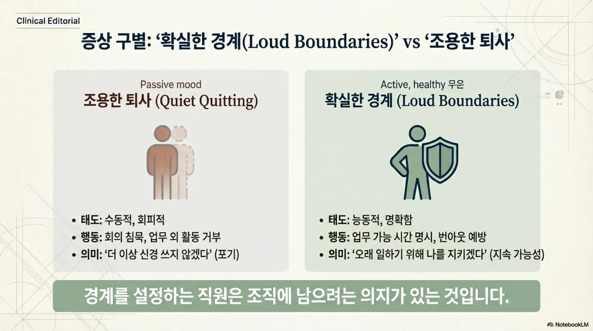 조용한 퇴사와 확실한 경계를 비교한 표. 조용한 퇴사는 수동적·회피적 태도, 회의 침묵과 업무 외 활동 거부, '더 이상 신경 쓰지 않겠다'는 포기. 확실한 경계는 능동적·명확한 태도, 업무 가능 시간 명시와 번아웃 예방, '오래 일하기 위해 나를 지키겠다'는 지속 가능성. 아래 띠에 '경계를 설정하는 직원은 조직에 남으려는 의지가 있는 것입니다'