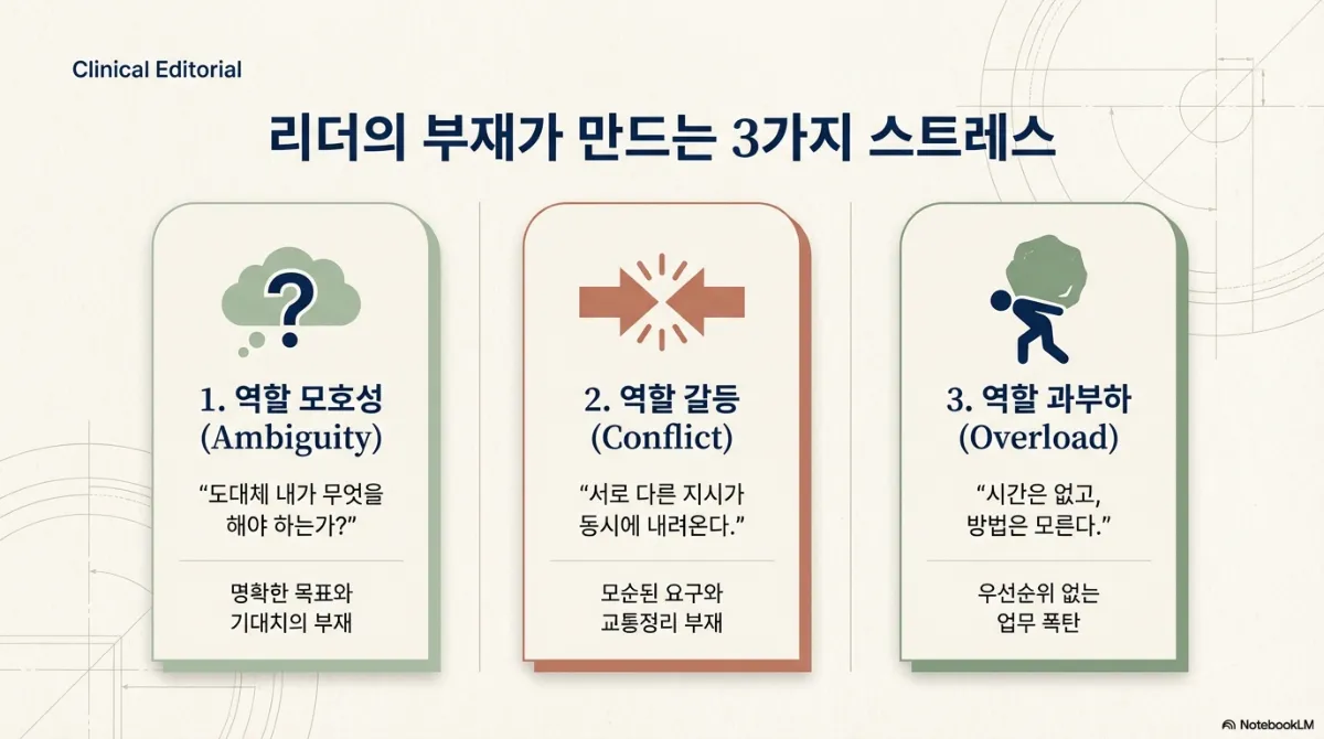 리더의 부재가 만드는 3가지 스트레스 카드. 1 역할 모호성 — '도대체 내가 무엇을 해야 하는가', 명확한 목표와 기대치의 부재. 2 역할 갈등 — '서로 다른 지시가 동시에 내려온다', 모순된 요구와 교통정리 부재. 3 역할 과부하 — '시간은 없고 방법은 모른다', 우선순위 없는 업무 폭탄