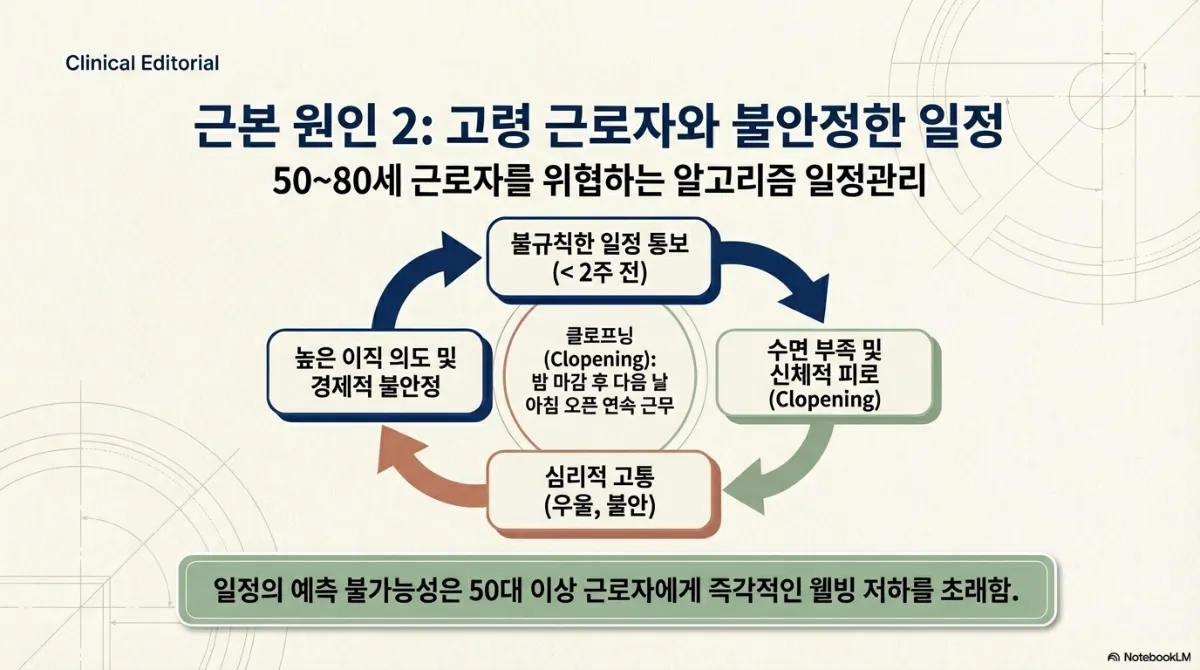 불규칙한 일정 통보(2주 미만) → 수면 부족과 신체적 피로(클로프닝) → 심리적 고통(우울, 불안) → 높은 이직 의도와 경제적 불안정으로 되돌아오는 악순환 고리. 아래 문구는 '일정의 예측 불가능성은 50대 이상 근로자에게 즉각적인 웰빙 저하를 초래함'