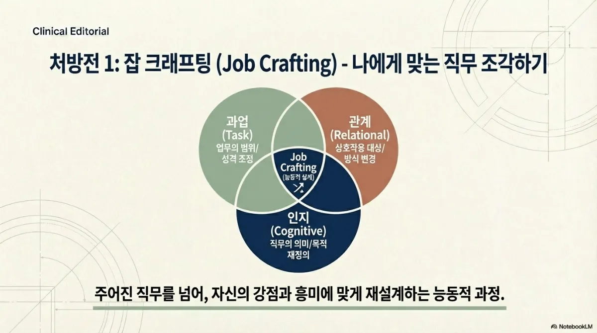 잡 크래프팅을 세 원의 벤다이어그램으로 표현한 그림. 과업(Task)은 업무의 범위와 성격 조정, 관계(Relational)는 상호작용 대상과 방식 변경, 인지(Cognitive)는 직무의 의미와 목적 재정의. 세 원이 겹치는 가운데가 잡 크래프팅