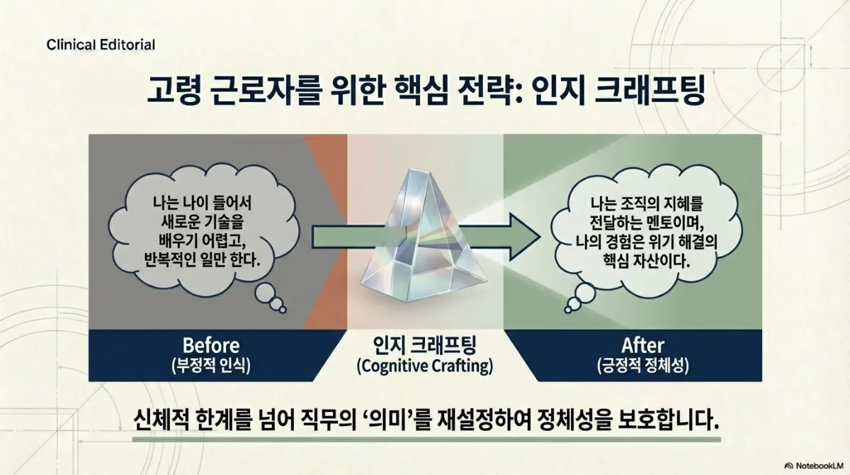 인지 크래프팅의 전후 비교. Before(부정적 인식)는 '나는 나이 들어서 새로운 기술을 배우기 어렵고, 반복적인 일만 한다', After(긍정적 정체성)는 '나는 조직의 지혜를 전달하는 멘토이며, 나의 경험은 위기 해결의 핵심 자산이다'. 아래 문구는 '신체적 한계를 넘어 직무의 의미를 재설정하여 정체성을 보호합니다'