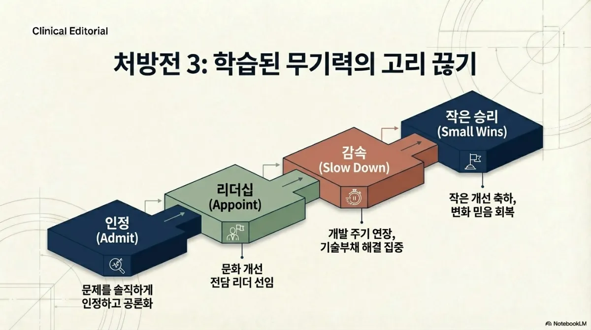 학습된 무기력의 고리를 끊는 4단계 계단 그림. 인정(Admit) 문제를 솔직하게 인정하고 공론화 → 리더십(Appoint) 문화 개선 전담 리더 선임 → 감속(Slow Down) 개발 주기 연장과 기술부채 해결 집중 → 작은 승리(Small Wins) 작은 개선을 축하하며 변화에 대한 믿음 회복