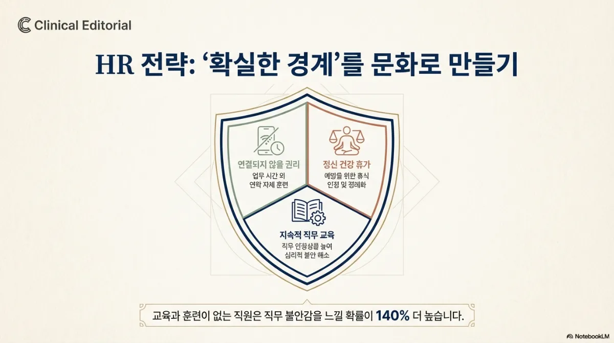 HR 전략을 방패로 표현한 그림. 연결되지 않을 권리(업무 시간 외 연락 자제), 정신 건강 휴가(예방을 위한 휴식 인정과 정례화), 지속적 직무 교육(직무 안정성을 높여 심리적 불안 해소). 아래 문구는 '교육과 훈련이 없는 직원은 직무 불안감을 느낄 확률이 140% 더 높습니다'