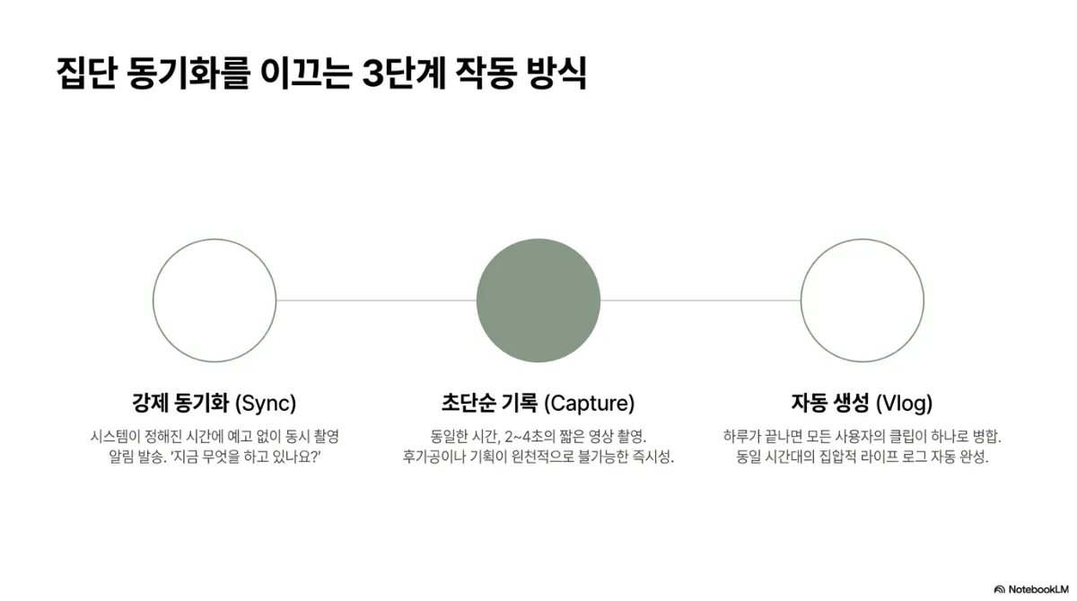 집단 동기화를 이끄는 3단계 작동 방식 슬라이드. 가로로 이어진 세 원. 강제 동기화(Sync) — 시스템이 정해진 시간에 예고 없이 동시 촬영 알림을 보냄, "지금 무엇을 하고 있나요?". 초단순 기록(Capture) — 같은 시간에 2~4초의 짧은 영상 촬영, 후가공이나 기획이 원천적으로 불가능한 즉시성. 자동 생성(Vlog) — 하루가 끝나면 모든 사용자의 클립을 하나로 병합해 같은 시간대의 집합적 라이프 로그를 자동 완성