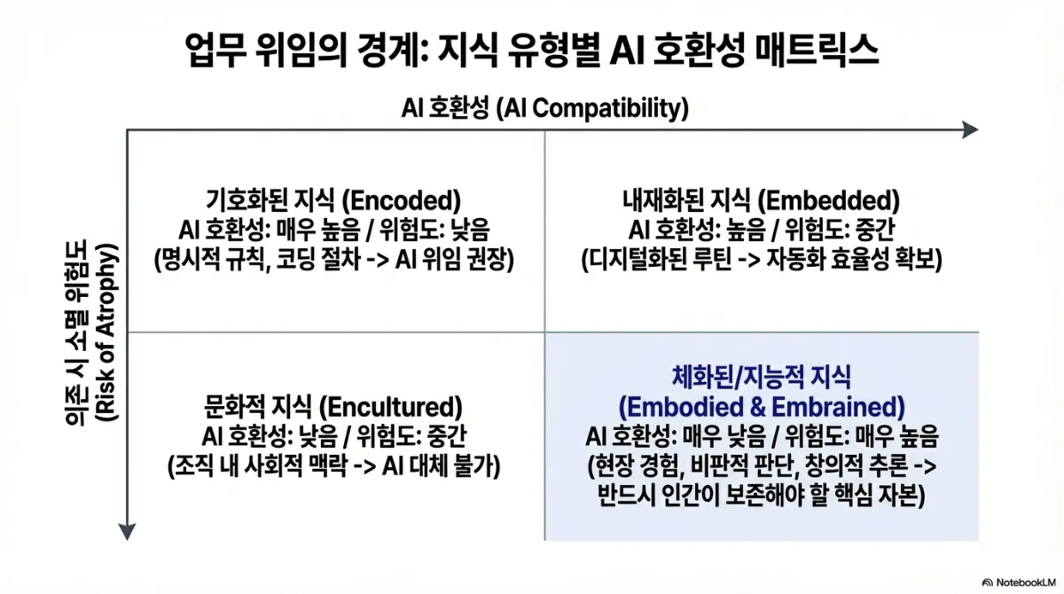 업무 위임의 경계: 지식 유형별 AI 호환성 매트릭스. 가로축은 AI 호환성(AI Compatibility), 세로축은 의존 시 소멸 위험도(Risk of Atrophy). 기호화된 지식(Encoded) — AI 호환성 매우 높음, 위험도 낮음, 명시적 규칙과 코딩 절차로 AI 위임 권장. 내재화된 지식(Embedded) — 호환성 높음, 위험도 중간, 디지털화된 루틴으로 자동화 효율성 확보. 문화적 지식(Encultured) — 호환성 낮음, 위험도 중간, 조직 내 사회적 맥락으로 AI 대체 불가. 체화된/지능적 지식(Embodied & Embrained) — 호환성 매우 낮음, 위험도 매우 높음, 현장 경험·비판적 판단·창의적 추론으로 반드시 인간이 보존해야 할 핵심 자본이며 파란 면으로 강조