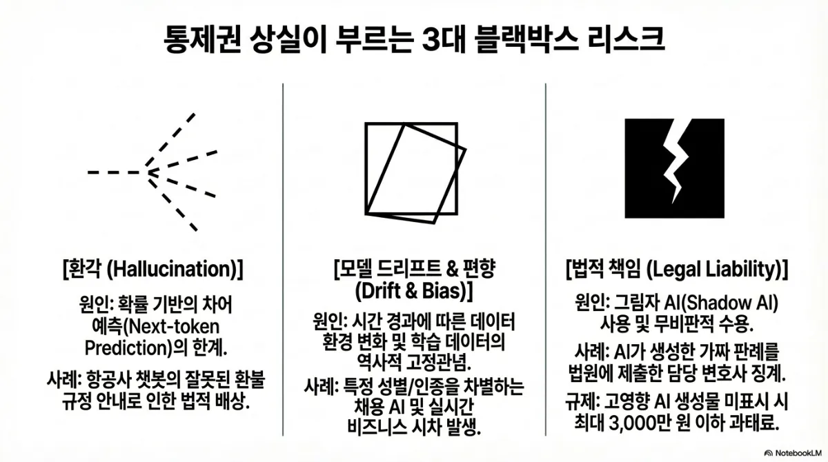 통제권 상실이 부르는 3대 블랙박스 리스크 슬라이드. 환각(Hallucination) — 원인은 확률 기반의 차어 예측(Next-token Prediction)의 한계, 사례는 항공사 챗봇의 잘못된 환불 규정 안내로 인한 법적 배상, 갈라지는 점선 아이콘. 모델 드리프트 & 편향(Drift & Bias) — 원인은 시간 경과에 따른 데이터 환경 변화 및 학습 데이터의 역사적 고정관념, 사례는 특정 성별·인종을 차별하는 채용 AI 및 실시간 비즈니스 시차 발생, 어긋난 두 사각형 아이콘. 법적 책임(Legal Liability) — 원인은 그림자 AI(Shadow AI) 사용 및 무비판적 수용, 사례는 AI가 생성한 가짜 판례를 법원에 제출한 담당 변호사 징계, 규제는 고영향 AI 생성물 미표시 시 최대 3,000만 원 이하 과태료, 금 간 검은 사각형 아이콘