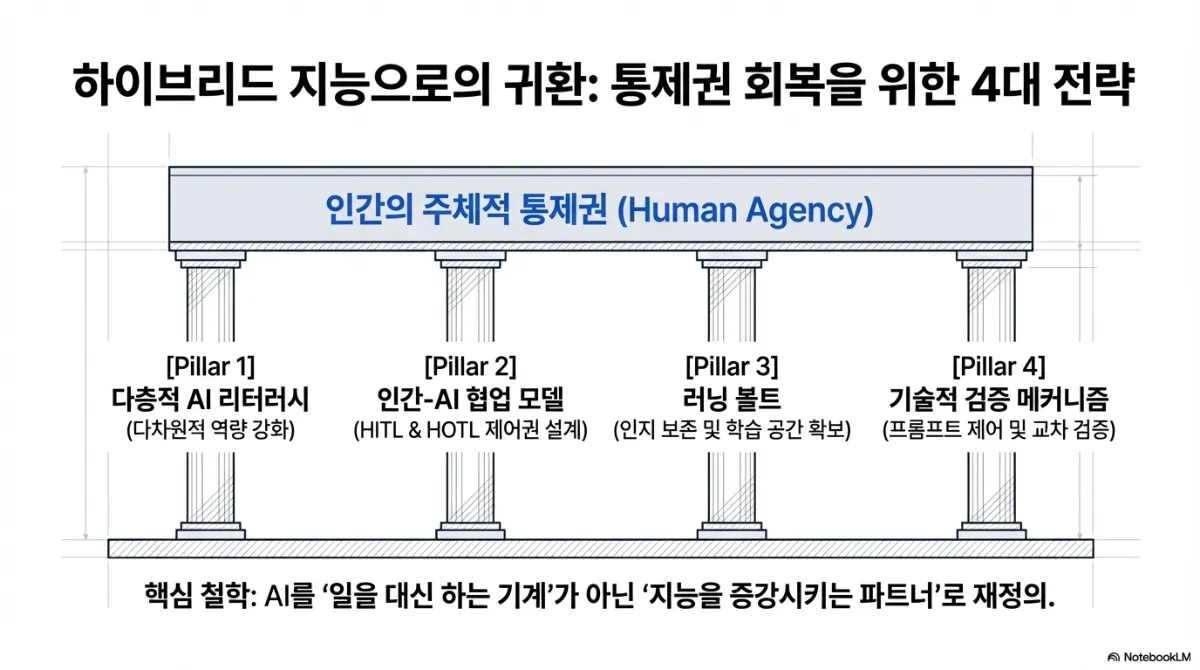 하이브리드 지능으로의 귀환: 통제권 회복을 위한 4대 전략 슬라이드. 인간의 주체적 통제권(Human Agency)이라는 지붕을 네 기둥이 받치는 건축 도면. Pillar 1 다층적 AI 리터러시(다차원적 역량 강화), Pillar 2 인간-AI 협업 모델(HITL & HOTL 제어권 설계), Pillar 3 러닝 볼트(인지 보존 및 학습 공간 확보), Pillar 4 기술적 검증 메커니즘(프롬프트 제어 및 교차 검증). 핵심 철학은 AI를 일을 대신 하는 기계가 아닌 지능을 증강시키는 파트너로 재정의하는 것