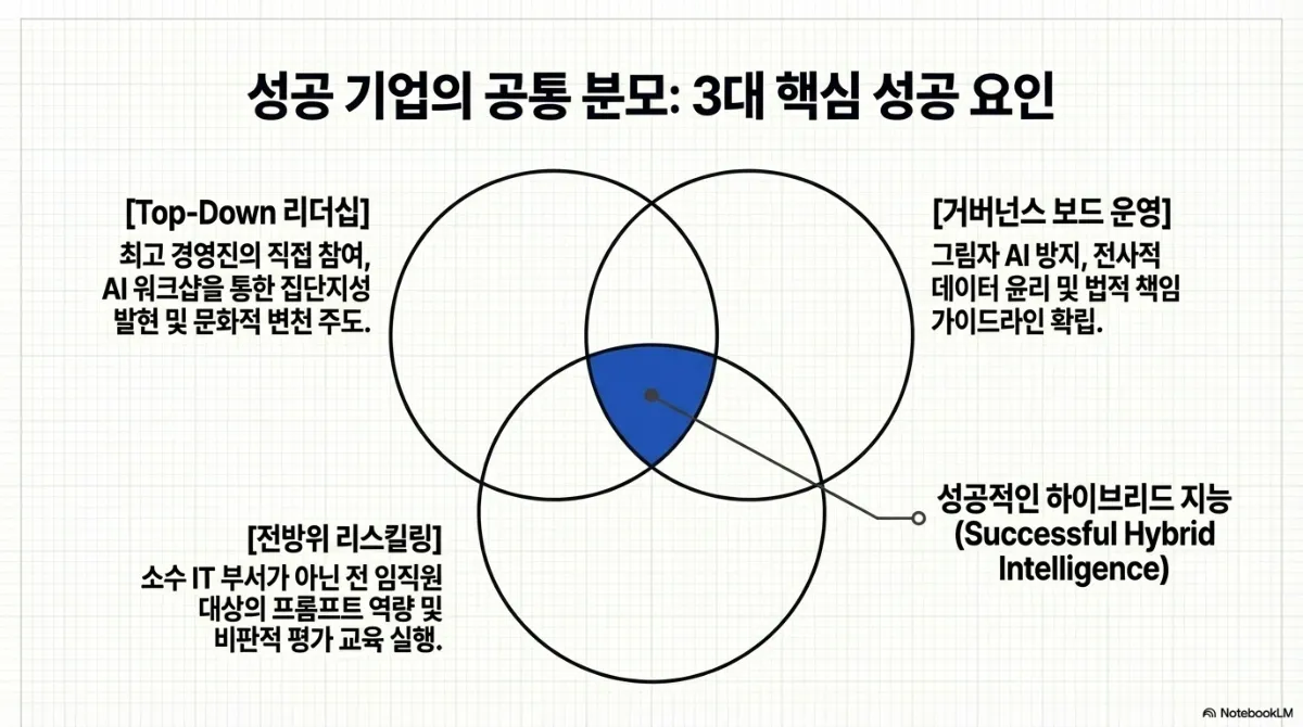 성공 기업의 공통 분모: 3대 핵심 성공 요인 벤다이어그램. Top-Down 리더십 — 최고 경영진의 직접 참여, AI 워크숍을 통한 집단지성 발현 및 문화적 변천 주도. 거버넌스 보드 운영 — 그림자 AI 방지, 전사적 데이터 윤리 및 법적 책임 가이드라인 확립. 전방위 리스킬링 — 소수 IT 부서가 아닌 전 임직원 대상의 프롬프트 역량 및 비판적 평가 교육 실행. 세 원이 겹치는 가운데를 파랗게 칠하고 성공적인 하이브리드 지능(Successful Hybrid Intelligence)으로 표시