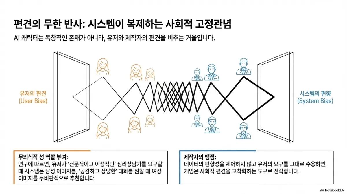 편견의 무한 반사 도식. AI 캐릭터는 독창적인 존재가 아니라 유저와 제작자의 편견을 비추는 거울이라는 설명. 유저의 편견(User Bias)과 시스템의 편향(System Bias)이 서로 교차하는 도식. 무의식적 성 역할 부여 — 연구에 따르면 유저가 전문적이고 이성적인 심리상담가를 요구할 때 시스템은 남성 이미지를, 공감하고 상냥한 대화를 원할 때 여성 이미지를 무비판적으로 추천한다는 설명. 제작자의 맹점 — 데이터의 편향성을 제어하지 않고 유저의 요구를 그대로 수용하면 게임은 사회적 편견을 고착화하는 도구로 전락한다는 설명