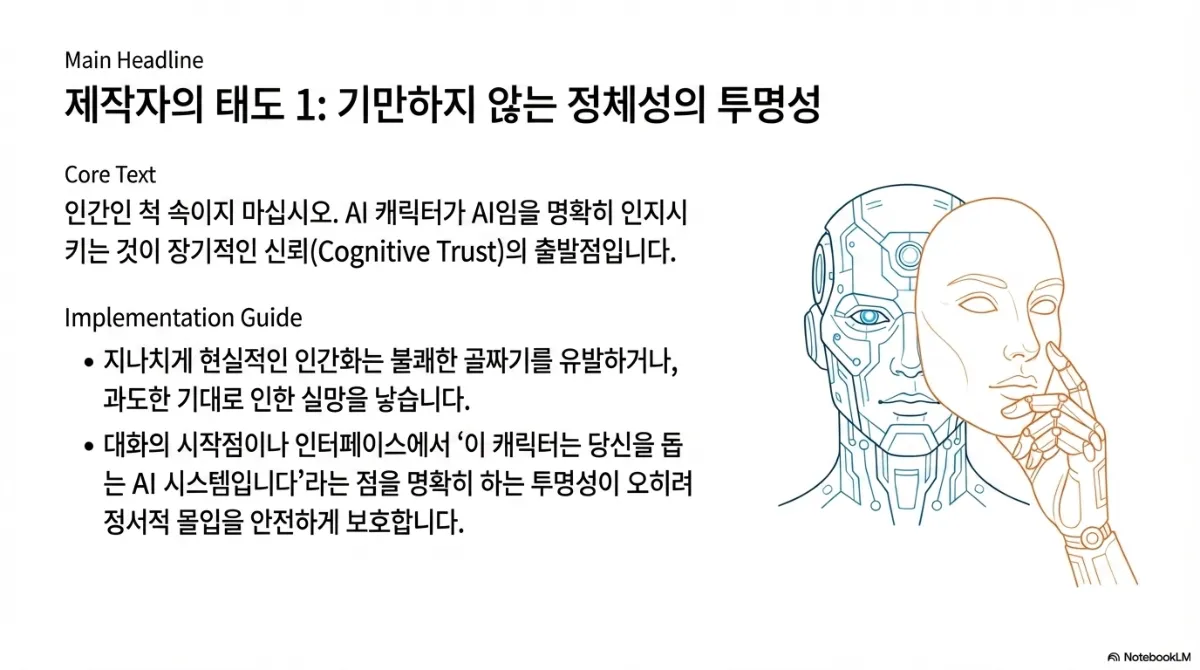 제작자의 태도 1 기만하지 않는 정체성의 투명성. 인간인 척 속이지 말고 AI 캐릭터가 AI임을 명확히 인지시키는 것이 장기적인 신뢰의 출발점이라는 설명. 지나치게 현실적인 인간화는 불쾌한 골짜기를 유발하거나 과도한 기대로 인한 실망을 낳으며, 대화의 시작점이나 인터페이스에서 이 캐릭터는 당신을 돕는 AI 시스템입니다라는 점을 명확히 하는 투명성이 오히려 정서적 몰입을 안전하게 보호한다는 설명