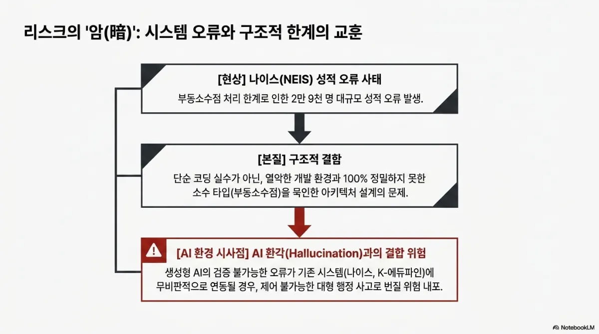 리스크의 암(暗): 시스템 오류와 구조적 한계의 교훈 슬라이드. 위에서 아래로 이어지는 세 단계 상자. 현상 — 나이스(NEIS) 성적 오류 사태, 부동소수점 처리 한계로 인한 2만 9천 명 대규모 성적 오류 발생. 본질 — 구조적 결함, 단순 코딩 실수가 아닌 열악한 개발 환경과 100% 정밀하지 못한 소수 타입(부동소수점)을 묵인한 아키텍처 설계의 문제. AI 환경 시사점(빨간 경고 상자) — AI 환각(Hallucination)과의 결합 위험, 생성형 AI의 검증 불가능한 오류가 기존 시스템(나이스, K-에듀파인)에 무비판적으로 연동될 경우 제어 불가능한 대형 행정 사고로 번질 위험 내포