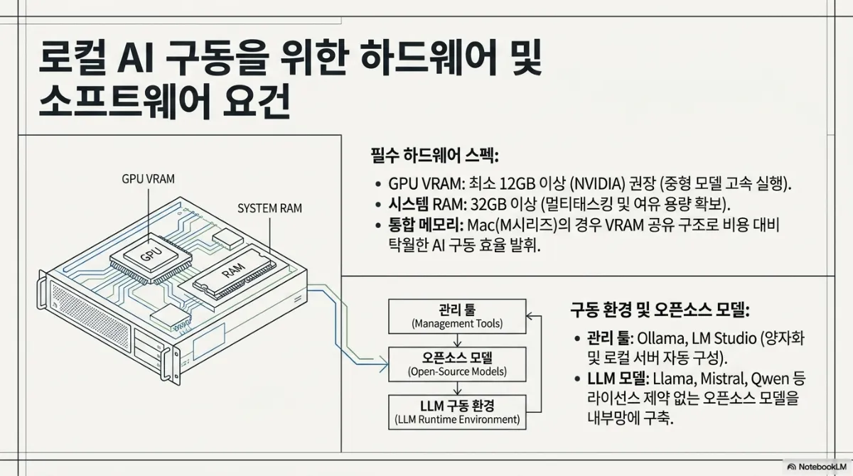 로컬 AI 구동을 위한 하드웨어 및 소프트웨어 요건 슬라이드. GPU VRAM과 SYSTEM RAM을 표시한 서버 도면. 필수 하드웨어 스펙 — GPU VRAM 최소 12GB 이상(NVIDIA) 권장(중형 모델 고속 실행), 시스템 RAM 32GB 이상(멀티태스킹 및 여유 용량 확보), 통합 메모리는 Mac(M시리즈)의 경우 VRAM 공유 구조로 비용 대비 탁월한 AI 구동 효율 발휘. 구동 환경 및 오픈소스 모델 — 관리 툴(Management Tools) → 오픈소스 모델(Open-Source Models) → LLM 구동 환경(LLM Runtime Environment) 순환 도식, 관리 툴은 Ollama·LM Studio(양자화 및 로컬 서버 자동 구성), LLM 모델은 Llama·Mistral·Qwen 등 라이선스 제약 없는 오픈소스 모델을 내부망에 구축