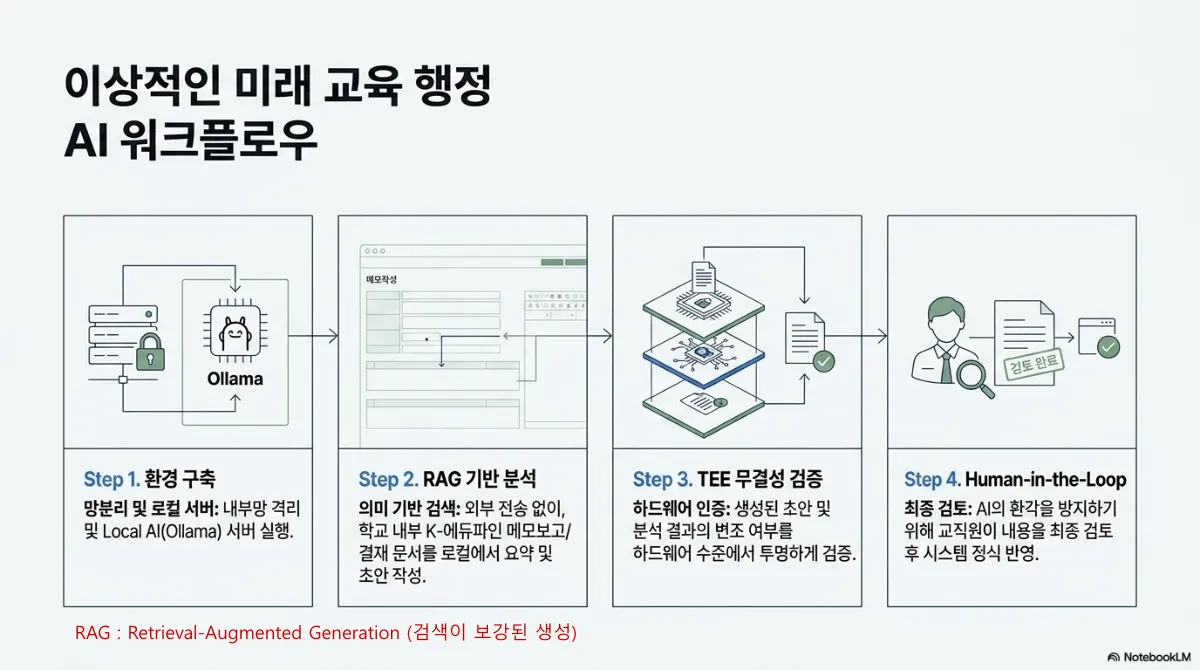 이상적인 미래 교육 행정 AI 워크플로우 네 단계. Step 1 환경 구축 — 망분리 및 로컬 서버, 내부망 격리 및 Local AI(Ollama) 서버 실행. Step 2 RAG 기반 분석 — 의미 기반 검색, 외부 전송 없이 학교 내부 K-에듀파인 메모보고/결재 문서를 로컬에서 요약 및 초안 작성. Step 3 TEE 무결성 검증 — 하드웨어 인증, 생성된 초안 및 분석 결과의 변조 여부를 하드웨어 수준에서 투명하게 검증. Step 4 Human-in-the-Loop — 최종 검토, AI의 환각을 방지하기 위해 교직원이 내용을 최종 검토 후 시스템 정식 반영, 검토 완료 도장 그림. RAG는 Retrieval-Augmented Generation(검색이 보강된 생성)이라는 주석