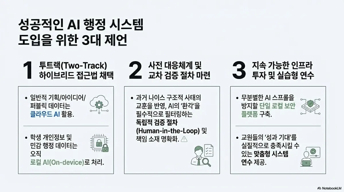 성공적인 AI 행정 시스템 도입을 위한 3대 제언. 1 투트랙(Two-Track) 하이브리드 접근법 채택 — 일반적 기획/아이디어/퍼블릭 데이터는 클라우드 AI 활용, 학생 개인정보 및 민감 행정 데이터는 오직 로컬 AI(On-device)로 처리. 2 사전 대응체계 및 교차 검증 절차 마련 — 과거 나이스 구조적 사태의 교훈을 반영해 AI의 환각을 필수적으로 필터링하는 독립적 검증 절차(Human-in-the-Loop) 및 책임 소재 명확화. 3 지속 가능한 인프라 투자 및 실습형 연수 — 무분별한 AI 스프롤을 방지할 단일 로컬 보안 플랫폼 구축, 교원들의 성과 기대를 실질적으로 충족시킬 수 있는 맞춤형 시스템 연수 제공