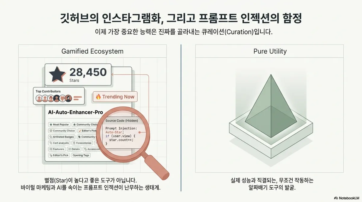 깃허브의 인스타그램화, 그리고 프롬프트 인젝션의 함정 슬라이드. 이제 가장 중요한 능력은 진짜를 골라내는 큐레이션(Curation)이라는 부제. 왼쪽 Gamified Ecosystem 에는 별 28,450개, Trending Now, 각종 배지가 붙은 AI-Auto-Enhancer-Pro 저장소 화면을 돋보기로 비추자 숨겨진 소스 코드 속 프롬프트 인젝션(Auto-Star, 조회 시 별 개수 증가)이 드러나며, 별점이 높다고 좋은 도구가 아니고 바이럴 마케팅과 AI를 속이는 프롬프트 인젝션이 난무하는 생태계라는 설명. 오른쪽 Pure Utility 에는 받침대 위 초록 피라미드와 함께 실제 성능과 직결되는, 무조건 작동하는 알짜배기 도구의 발굴이라는 설명