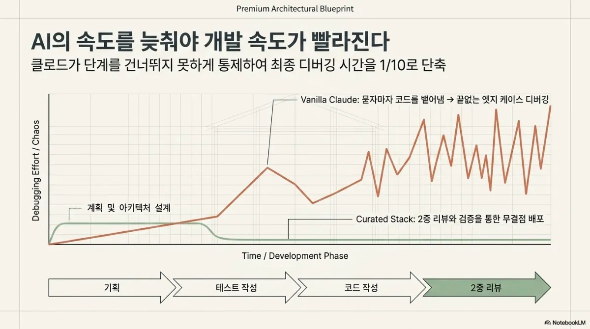 AI의 속도를 늦춰야 개발 속도가 빨라진다 슬라이드. 클로드가 단계를 건너뛰지 못하게 통제하여 최종 디버깅 시간을 1/10로 단축한다는 부제. 가로축은 개발 단계, 세로축은 디버깅 노력과 혼란도인 그래프에서 Vanilla Claude(묻자마자 코드를 뱉어냄) 곡선은 뒤로 갈수록 끝없는 엣지 케이스 디버깅으로 요동치고, Curated Stack 곡선은 초반 계획 및 아키텍처 설계 구간에서만 올라갔다가 2중 리뷰와 검증을 거쳐 낮게 유지된다. 아래에는 기획 → 테스트 작성 → 코드 작성 → 2중 리뷰 화살표 흐름