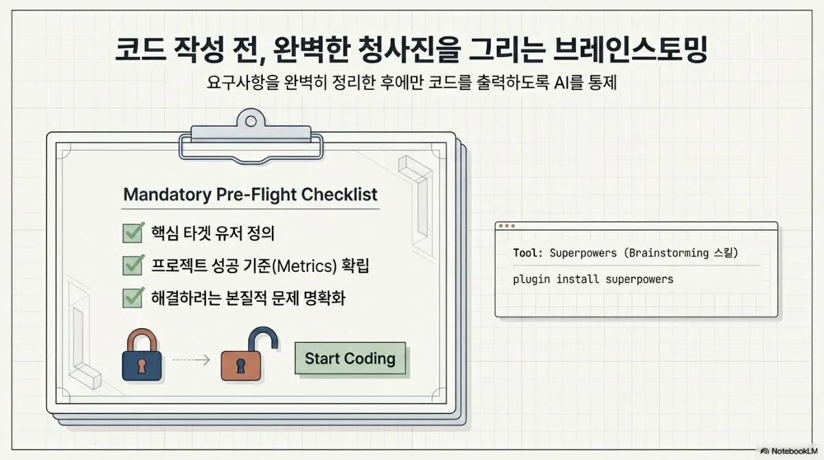 코드 작성 전, 완벽한 청사진을 그리는 브레인스토밍 슬라이드. 요구사항을 빠짐없이 정리한 후에만 코드를 출력하도록 AI를 통제한다는 부제. 클립보드의 Mandatory Pre-Flight Checklist 에 핵심 타겟 유저 정의, 프로젝트 성공 기준(Metrics) 확립, 해결하려는 본질적 문제 명확화 세 항목이 체크되어 있고, 잠긴 자물쇠가 열린 뒤에야 Start Coding 버튼이 활성화되는 그림. 오른쪽 터미널 창에 Tool: Superpowers(Brainstorming 스킬), plugin install superpowers