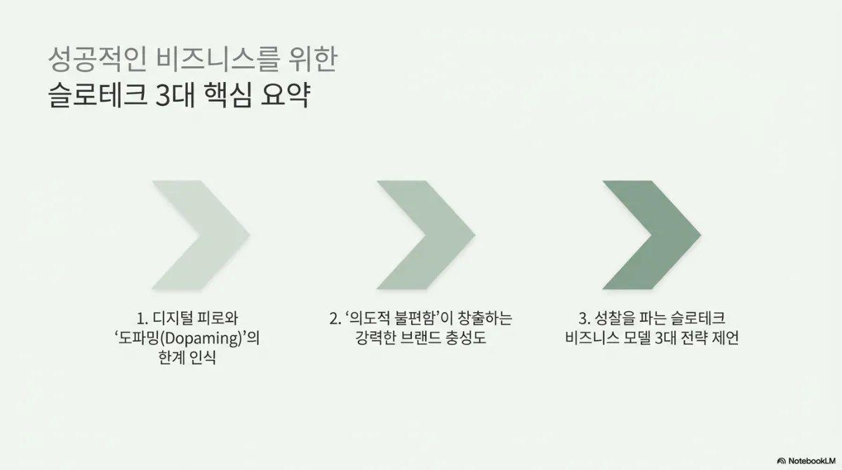 성공적인 비즈니스를 위한 슬로테크 3대 핵심 요약. 점점 짙어지는 세 개의 화살표. 1 디지털 피로와 도파밍(Dopaming)의 한계 인식. 2 의도적 불편함이 창출하는 강력한 브랜드 충성도. 3 성찰을 파는 슬로테크 비즈니스 모델 3대 전략 제언