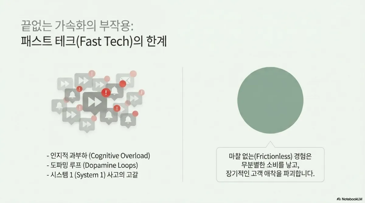끝없는 가속화의 부작용: 패스트 테크(Fast Tech)의 한계 슬라이드. 왼쪽에 빨간 느낌표가 붙은 재생·알림 벨·메일 아이콘이 뒤엉킨 그림과 함께 인지적 과부하(Cognitive Overload), 도파밍 루프(Dopamine Loops), 시스템 1(System 1) 사고의 고갈. 오른쪽 초록 원과 말풍선에 마찰 없는(Frictionless) 경험은 무분별한 소비를 낳고 장기적인 고객 애착을 파괴한다는 문장