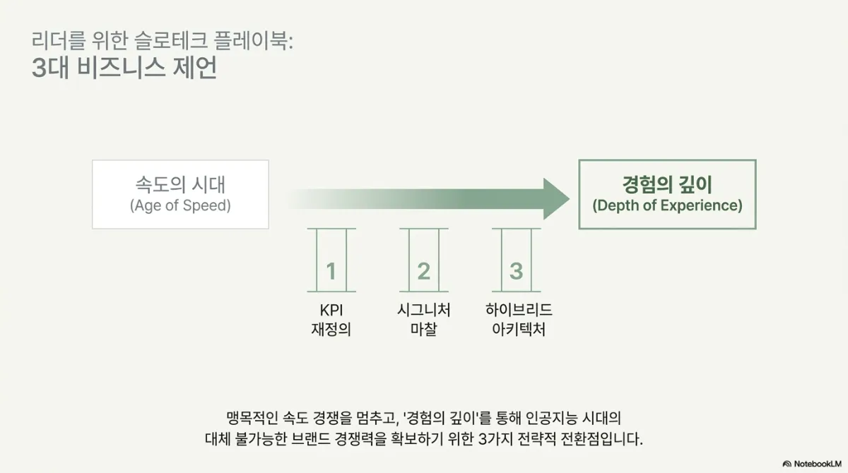 리더를 위한 슬로테크 플레이북: 3대 비즈니스 제언. 속도의 시대(Age of Speed)에서 경험의 깊이(Depth of Experience)로 향하는 화살표 아래 세 기둥 1 KPI 재정의, 2 시그니처 마찰, 3 하이브리드 아키텍처. 맹목적인 속도 경쟁을 멈추고 경험의 깊이를 통해 인공지능 시대의 대체 불가능한 브랜드 경쟁력을 확보하기 위한 3가지 전략적 전환점이라는 설명