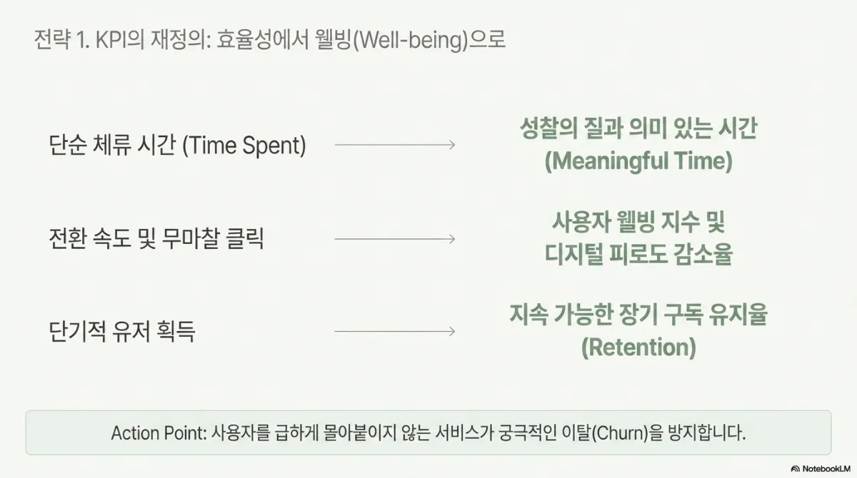 전략 1. KPI의 재정의: 효율성에서 웰빙(Well-being)으로. 단순 체류 시간(Time Spent) → 성찰의 질과 의미 있는 시간(Meaningful Time). 전환 속도 및 무마찰 클릭 → 사용자 웰빙 지수 및 디지털 피로도 감소율. 단기적 유저 획득 → 지속 가능한 장기 구독 유지율(Retention). Action Point는 사용자를 급하게 몰아붙이지 않는 서비스가 궁극적인 이탈(Churn)을 방지한다는 것