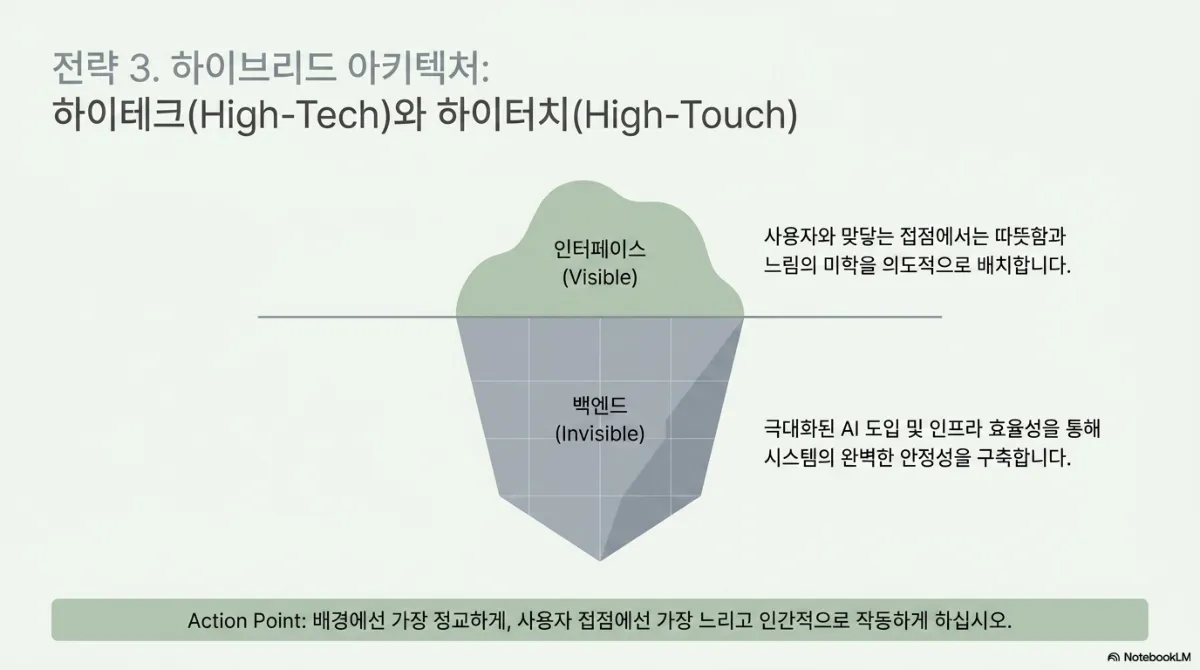 전략 3. 하이브리드 아키텍처: 하이테크(High-Tech)와 하이터치(High-Touch) 빙산 그림. 수면 위 인터페이스(Visible) — 사용자와 맞닿는 접점에서는 따뜻함과 느림의 미학을 의도적으로 배치한다. 수면 아래 백엔드(Invisible) — 극대화된 AI 도입 및 인프라 효율성을 통해 시스템의 완벽한 안정성을 구축한다. Action Point는 배경에선 가장 정교하게, 사용자 접점에선 가장 느리고 인간적으로 작동하게 하라는 것