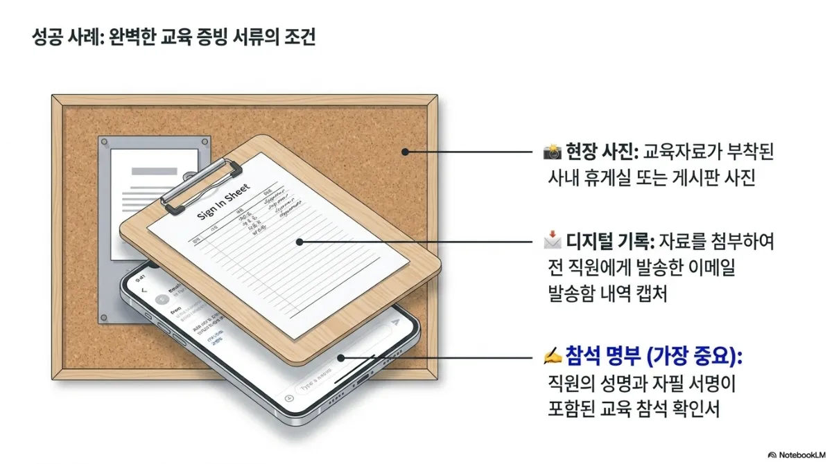 성공 사례: 완벽한 교육 증빙 서류의 조건 슬라이드. 코르크 게시판 위에 교육 자료, 서명부(Sign In Sheet)가 끼워진 클립보드, 이메일 화면이 떠 있는 스마트폰이 겹쳐 있는 그림. 현장 사진 — 교육자료가 부착된 사내 휴게실 또는 게시판 사진. 디지털 기록 — 자료를 첨부하여 전 직원에게 발송한 이메일 발송함 내역 캡처. 참석 명부(가장 중요) — 직원의 성명과 자필 서명이 포함된 교육 참석 확인서