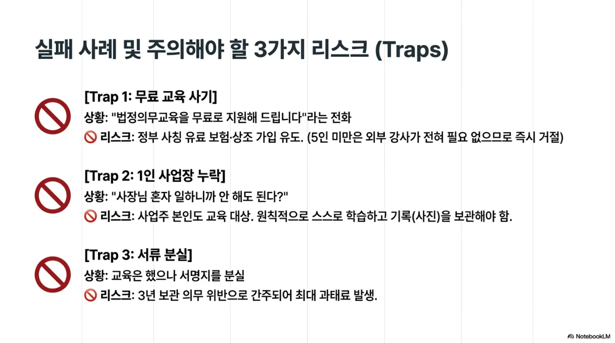 실패 사례 및 주의해야 할 3가지 리스크(Traps). Trap 1 무료 교육 사기 — 법정의무교육을 무료로 지원해 드린다는 전화, 리스크는 정부 사칭 유료 보험·상조 가입 유도(5인 미만은 외부 강사가 전혀 필요 없으므로 즉시 거절). Trap 2 1인 사업장 누락 — 사장님 혼자 일하니까 안 해도 된다는 생각, 리스크는 사업주 본인도 교육 대상이며 원칙적으로 스스로 학습하고 기록(사진)을 보관해야 함. Trap 3 서류 분실 — 교육은 했으나 서명지를 분실, 리스크는 3년 보관 의무 위반으로 간주되어 최대 과태료 발생