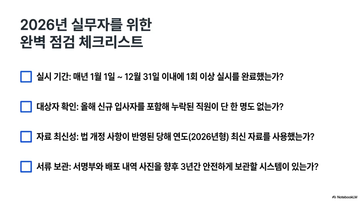 2026년 실무자를 위한 완벽 점검 체크리스트. 실시 기간 — 매년 1월 1일~12월 31일 이내에 1회 이상 실시를 완료했는가. 대상자 확인 — 올해 신규 입사자를 포함해 누락된 직원이 단 한 명도 없는가. 자료 최신성 — 법 개정 사항이 반영된 당해 연도(2026년형) 최신 자료를 사용했는가. 서류 보관 — 서명부와 배포 내역 사진을 향후 3년간 안전하게 보관할 시스템이 있는가