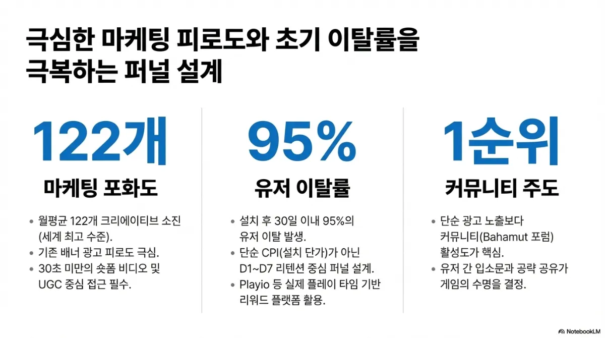 마케팅 피로도와 초기 이탈률 슬라이드. 122개 마케팅 포화도 — 월평균 122개 크리에이티브 소진(세계 최고 수준), 기존 배너 광고 피로도 극심, 30초 미만의 숏폼 비디오 및 UGC 중심 접근 필수. 95% 유저 이탈률 — 설치 후 30일 이내 95%의 유저 이탈 발생, 단순 CPI(설치 단가)가 아닌 D1~D7 리텐션 중심 퍼널 설계, 실제 플레이 타임 기반 리워드 플랫폼 활용. 1순위 커뮤니티 주도 — 단순 광고 노출보다 커뮤니티(Bahamut 포럼) 활성도가 핵심이며 유저 간 입소문과 공략 공유가 게임의 수명을 결정