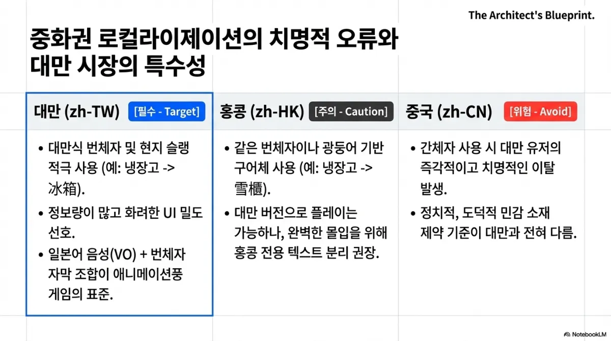 중화권 로컬라이제이션 비교표. 대만(zh-TW)은 필수 타겟으로, 대만식 번체자 및 현지 슬랭 적극 사용(예: 냉장고는 冰箱), 정보량이 많고 화려한 UI 밀도 선호, 일본어 음성(VO)과 번체자 자막 조합이 애니메이션풍 게임의 표준. 홍콩(zh-HK)은 주의 대상으로, 같은 번체자이나 광둥어 기반 구어체 사용(예: 냉장고는 雪櫃), 대만 버전으로 플레이는 가능하나 완벽한 몰입을 위해 홍콩 전용 텍스트 분리 권장. 중국(zh-CN)은 위험으로, 간체자 사용 시 대만 유저의 즉각적이고 치명적인 이탈이 발생하며 정치적·도덕적 민감 소재 제약 기준이 대만과 전혀 다름