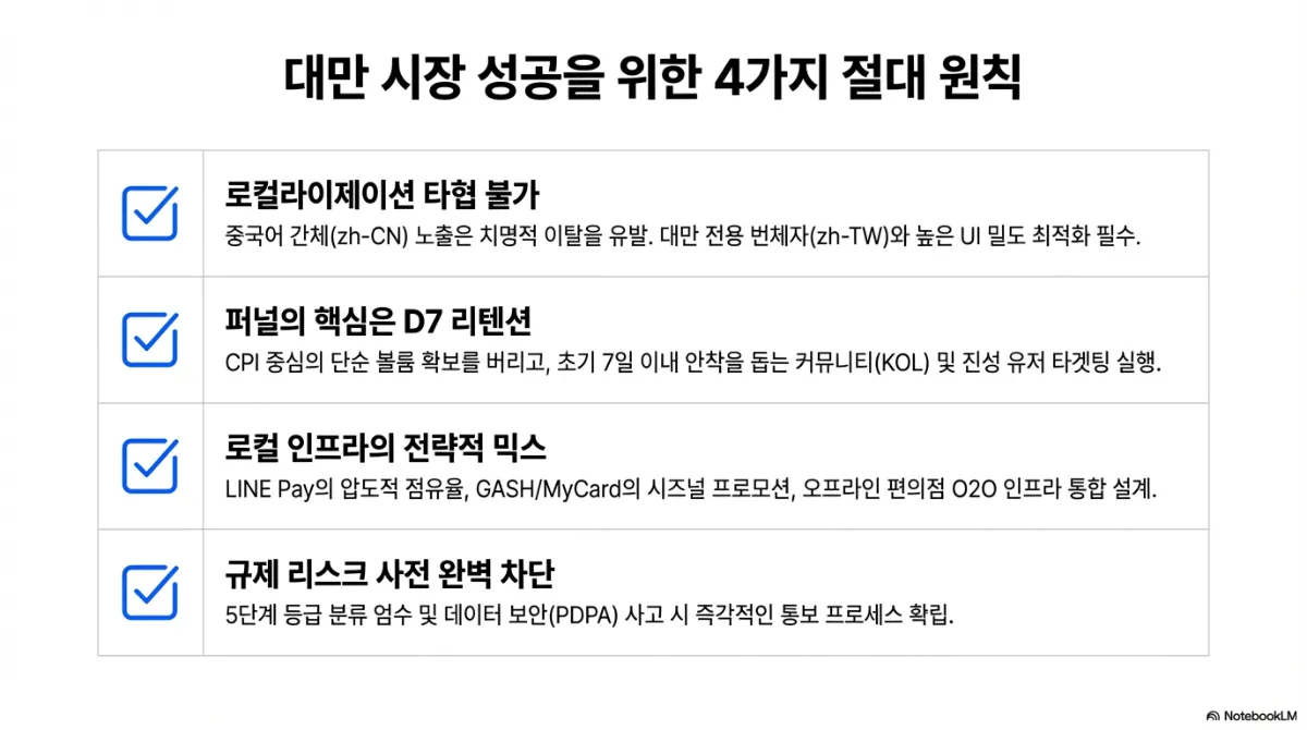 대만 시장 성공을 위한 4가지 절대 원칙. 로컬라이제이션 타협 불가 — 중국어 간체 노출은 치명적 이탈을 유발하므로 대만 전용 번체자와 높은 UI 밀도 최적화가 필수. 퍼널의 핵심은 D7 리텐션 — CPI 중심의 단순 볼륨 확보를 버리고 초기 7일 이내 안착을 돕는 커뮤니티(KOL) 및 진성 유저 타겟팅 실행. 로컬 인프라의 전략적 믹스 — LINE Pay의 점유율, GASH/MyCard의 시즈널 프로모션, 오프라인 편의점 O2O 인프라 통합 설계. 규제 리스크 사전 차단 — 5단계 등급 분류 엄수 및 데이터 보안 사고 시 즉각적인 통보 프로세스 확립