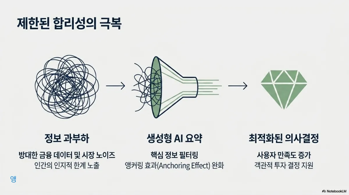 제한된 합리성의 극복 슬라이드. 왼쪽 엉킨 실타래는 정보 과부하 — 방대한 금융 데이터 및 시장 노이즈로 인간의 인지적 한계가 노출됨. 가운데 깔때기는 생성형 AI 요약 — 핵심 정보를 필터링하고 앵커링 효과(Anchoring Effect)를 완화. 오른쪽 다이아몬드는 최적화된 의사결정 — 사용자 만족도 증가와 객관적 투자 결정 지원. 세 단계가 화살표로 이어지는 흐름