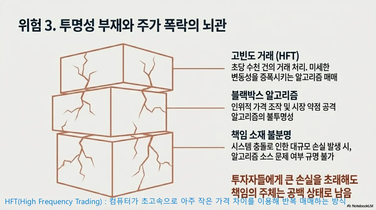 위험 3. 투명성 부재와 주가 폭락의 뇌관 슬라이드. 금이 간 벽돌 세 개가 쌓인 그림 옆에 고빈도 거래(HFT) — 초당 수천 건의 거래를 처리하며 미세한 변동성을 증폭시키는 알고리즘 매매, 블랙박스 알고리즘 — 인위적 가격 조작 및 시장 약점을 공격하는 알고리즘의 불투명성, 책임 소재 불분명 — 시스템 충돌로 인한 대규모 손실 발생 시 알고리즘 소스 문제 여부 규명 불가. 강조 문구는 투자자들에게 큰 손실을 초래해도 책임의 주체는 공백 상태로 남는다는 것. 하단에 HFT 는 컴퓨터가 초고속으로 아주 작은 가격 차이를 이용해 반복 매매하는 방식이라는 주석