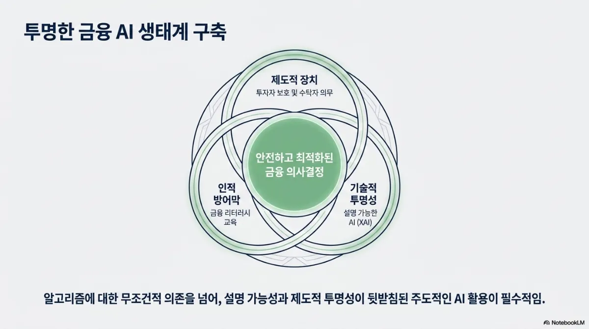 투명한 금융 AI 생태계 구축 벤 다이어그램. 제도적 장치(투자자 보호 및 수탁자 의무), 인적 방어막(금융 리터러시 교육), 기술적 투명성(설명 가능한 AI, XAI) 세 원이 겹치는 가운데에 안전하고 최적화된 금융 의사결정. 아래 문장은 알고리즘에 대한 무조건적 의존을 넘어, 설명 가능성과 제도적 투명성이 뒷받침된 주도적인 AI 활용이 필수적이라는 것
