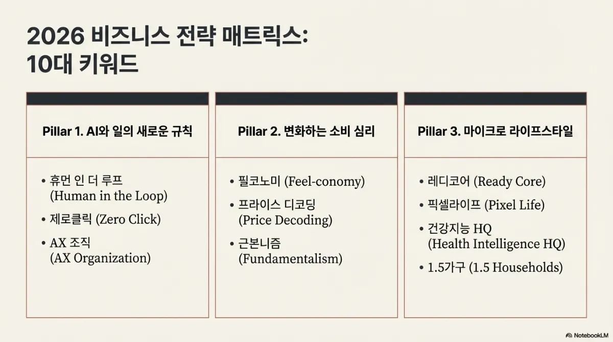2026 비즈니스 전략 매트릭스. Pillar 1 AI와 일의 새로운 규칙 — 휴먼 인 더 루프, 제로클릭, AX 조직. Pillar 2 변화하는 소비 심리 — 필코노미, 프라이스 디코딩, 근본니즘. Pillar 3 마이크로 라이프스타일 — 레디코어, 픽셀라이프, 건강지능 HQ, 1.5가구