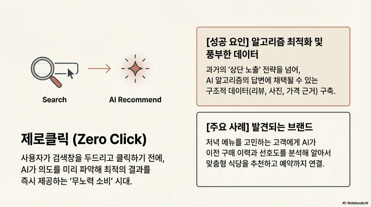 제로클릭 슬라이드. Search 에서 AI Recommend 로 넘어가는 도식. 사용자가 검색창을 두드리고 클릭하기 전에 AI가 의도를 미리 파악해 최적의 결과를 즉시 제공하는 무노력 소비 시대. 성공 요인은 알고리즘 최적화와 풍부한 데이터(리뷰·사진·가격 근거 같은 구조적 데이터 구축), 주요 사례는 AI가 이전 구매 이력과 선호도를 분석해 맞춤형 식당을 추천하고 예약까지 연결하는 것