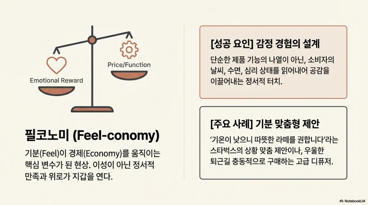 필코노미 슬라이드. 저울 한쪽에 Emotional Reward, 다른 쪽에 Price/Function 이 놓여 감정 쪽으로 기울어 있다. 기분(Feel)이 경제(Economy)를 움직이는 핵심 변수가 된 현상. 성공 요인은 감정 경험의 설계(소비자의 날씨·수면·심리 상태를 읽어내어 공감을 이끌어내는 정서적 터치), 주요 사례는 기온이 낮으니 따뜻한 라떼를 권하는 상황 맞춤 제안