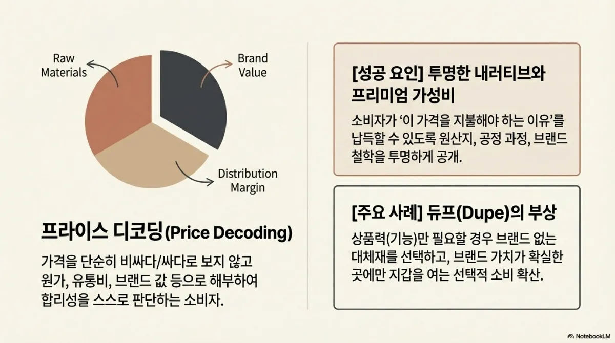 프라이스 디코딩 슬라이드. 원형 그래프가 Raw Materials, Distribution Margin, Brand Value 로 나뉘어 있다. 가격을 단순히 비싸다·싸다로 보지 않고 해부해 합리성을 스스로 판단하는 소비자. 성공 요인은 투명한 내러티브와 프리미엄 가성비(원산지·공정 과정·브랜드 철학의 투명한 공개), 주요 사례는 듀프(Dupe)의 부상 — 기능만 필요하면 브랜드 없는 대체재를 선택하는 선택적 소비