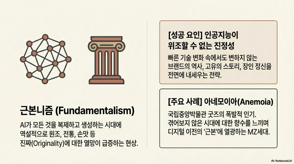 근본니즘 슬라이드. 네트워크 도형과 고전 기둥이 나란히 놓여 있다. AI가 모든 것을 복제하고 생성하는 시대에 역설적으로 원조·전통·손맛 등 진짜(Originality)에 대한 열망이 급증하는 현상. 성공 요인은 인공지능이 위조할 수 없는 진정성(브랜드의 역사, 고유의 스토리, 장인 정신), 주요 사례는 아네모이아 — 겪어보지 않은 시대에 대한 향수로 국립중앙박물관 굿즈가 폭발적 인기를 끈 것