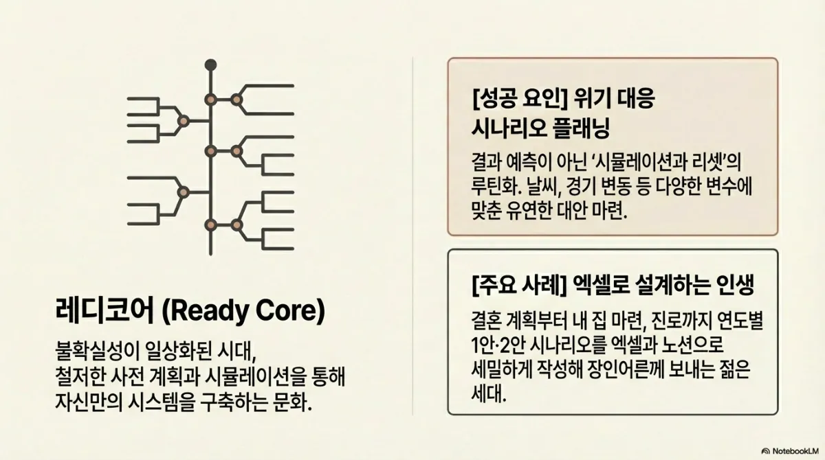 레디코어 슬라이드. 여러 갈래로 뻗은 분기 도식. 불확실성이 일상화된 시대에 철저한 사전 계획과 시뮬레이션으로 자신만의 시스템을 구축하는 문화. 성공 요인은 위기 대응 시나리오 플래닝(결과 예측이 아닌 시뮬레이션과 리셋의 루틴화), 주요 사례는 결혼 계획부터 내 집 마련, 진로까지 연도별 1안·2안 시나리오를 엑셀과 노션으로 작성하는 젊은 세대
