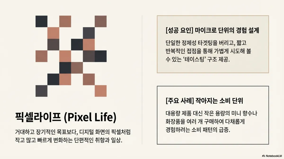 픽셀라이프 슬라이드. 작은 사각형들이 흩어진 픽셀 그림. 거대하고 장기적인 목표보다 디지털 화면의 픽셀처럼 작고 많고 빠르게 변화하는 단편적인 취향과 일상. 성공 요인은 마이크로 단위의 경험 설계(단일한 정체성 타겟팅을 버리고 짧고 반복적인 접점으로 가볍게 시도해 보는 테이스팅 구조), 주요 사례는 대용량 제품 대신 미니 향수·화장품을 여러 개 구매하는 소비 패턴