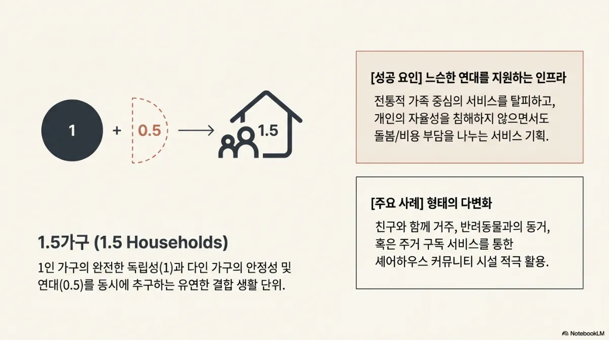 1.5가구 슬라이드. 1 + 0.5 → 1.5 도식과 집 아이콘. 1인 가구의 완전한 독립성과 다인 가구의 안정성·연대를 동시에 추구하는 유연한 결합 생활 단위. 성공 요인은 느슨한 연대를 지원하는 인프라(개인의 자율성을 침해하지 않으면서 돌봄·비용 부담을 나누는 서비스 기획), 주요 사례는 친구와 함께 거주하거나 반려동물과 동거, 주거 구독 서비스를 통한 셰어하우스 커뮤니티 활용