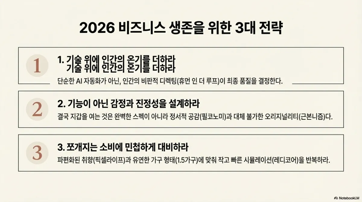 2026 비즈니스 생존을 위한 3대 전략. 1 기술 위에 인간의 온기를 더하라 — 단순한 AI 자동화가 아닌 인간의 비판적 디렉팅(휴먼 인 더 루프)이 최종 품질을 결정한다. 2 기능이 아닌 감정과 진정성을 설계하라 — 지갑을 여는 것은 완벽한 스펙이 아니라 정서적 공감(필코노미)과 대체 불가한 오리지널리티(근본니즘)다. 3 쪼개지는 소비에 민첩하게 대비하라 — 파편화된 취향(픽셀라이프)과 유연한 가구 형태(1.5가구)에 맞춰 작고 빠른 시뮬레이션(레디코어)을 반복하라