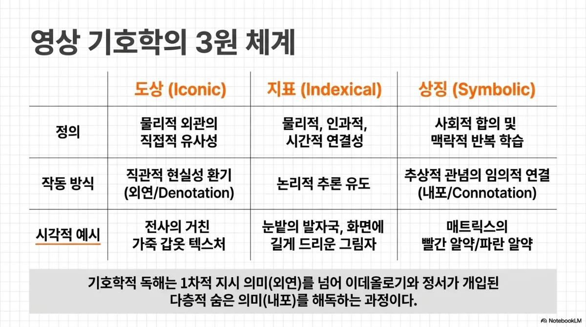 영상 기호학의 3원 체계 표. 도상(Iconic)은 물리적 외관의 직접적 유사성으로 직관적 현실성을 환기(외연, Denotation)하며 예시는 전사의 거친 가죽 갑옷 텍스처. 지표(Indexical)는 물리적·인과적·시간적 연결성으로 논리적 추론을 유도하며 예시는 눈밭의 발자국, 화면에 길게 드리운 그림자. 상징(Symbolic)은 사회적 합의 및 맥락적 반복 학습으로 추상적 관념을 임의적으로 연결(내포, Connotation)하며 예시는 매트릭스의 빨간 알약·파란 알약. 아래 문장은 기호학적 독해가 1차적 지시 의미(외연)를 넘어 이데올로기와 정서가 개입된 다층적 숨은 의미(내포)를 해독하는 과정이라는 것