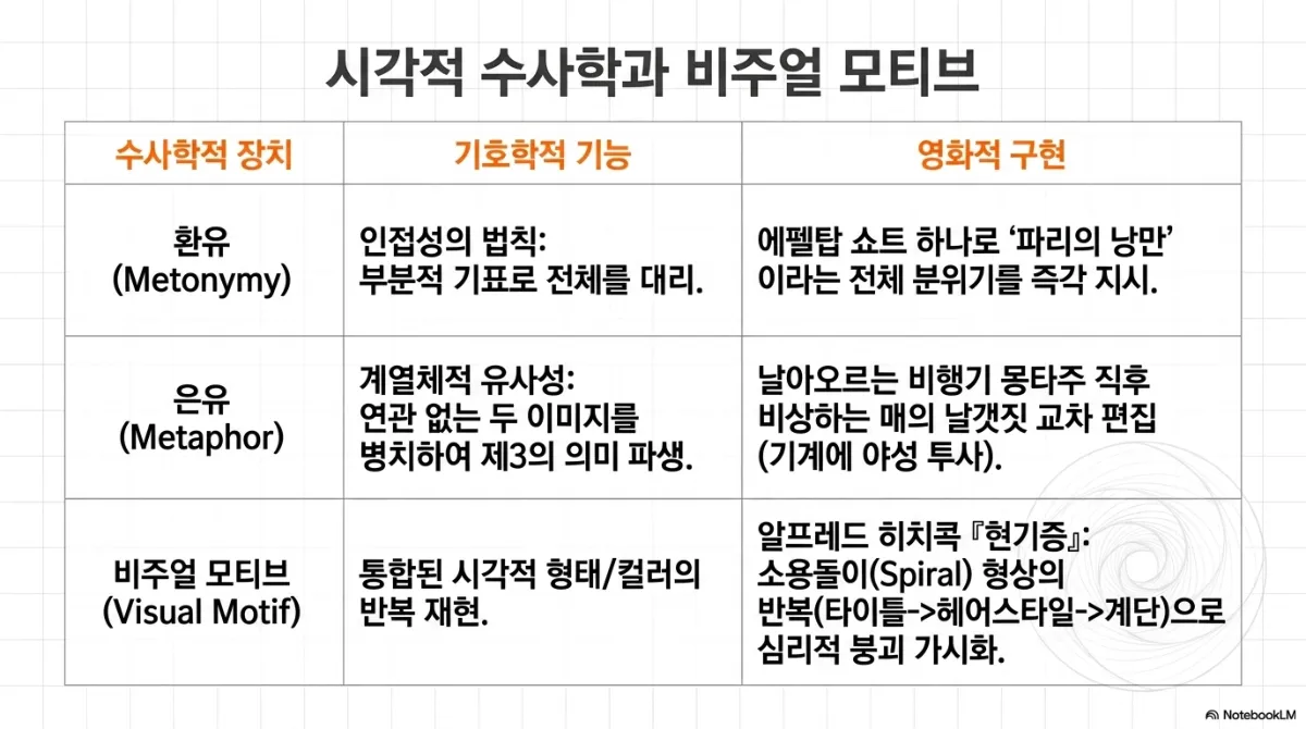시각적 수사학과 비주얼 모티브 표. 환유(Metonymy) — 인접성의 법칙으로 부분적 기표가 전체를 대리하며, 에펠탑 쇼트 하나로 파리의 낭만이라는 전체 분위기를 즉각 지시. 은유(Metaphor) — 계열체적 유사성으로 연관 없는 두 이미지를 병치하여 제3의 의미를 파생하며, 날아오르는 비행기 몽타주 직후 비상하는 매의 날갯짓을 교차 편집(기계에 야성 투사). 비주얼 모티브(Visual Motif) — 통합된 시각적 형태·컬러의 반복 재현이며, 알프레드 히치콕 현기증에서 소용돌이(Spiral) 형상을 타이틀 → 헤어스타일 → 계단으로 반복해 심리적 붕괴를 가시화