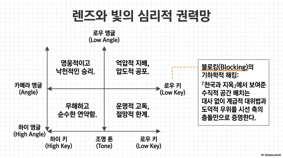 렌즈와 빛의 심리적 권력망 사분면 도표. 세로축은 카메라 앵글(위 로우 앵글, 아래 하이 앵글), 가로축은 조명 톤(왼쪽 하이 키, 오른쪽 로우 키). 로우 앵글과 하이 키는 영웅적이고 낙천적인 승리, 로우 앵글과 로우 키는 억압적 지배와 압도적 공포, 하이 앵글과 하이 키는 무해하고 순수한 연약함, 하이 앵글과 로우 키는 운명적 고독과 절망적 한계. 오른쪽 상자에 블로킹(Blocking)의 기하학적 해킹 — 천국과 지옥에서 보여 준 수직적 공간 배치는 대사 없이 계급적 대위법과 도덕적 우위를 시선 축의 충돌만으로 증명한다는 설명