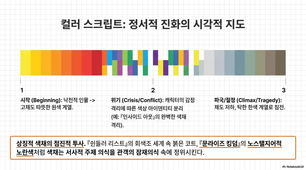 컬러 스크립트: 정서적 진화의 시각적 지도 슬라이드. 왼쪽부터 노랑·주황·빨강의 따뜻한 원색 띠가 이어지다 가운데에서 파랑·초록·보라가 뒤섞여 흩어지고, 오른쪽에서는 회색과 갈색의 탁한 한색으로 가라앉는 색 띠. 1 시작(Beginning) — 낙천적 인물의 고채도 따뜻한 원색 계열, 2 위기(Crisis/Conflict) — 캐릭터의 감정 격리에 따른 색상 아이덴티티 분리(예: 인사이드 아웃의 색채 격리), 3 파국/절정(Climax/Tragedy) — 채도 저하, 탁한 한색 계열로 침전. 아래 상자에 상징적 색채의 점진적 투사 — 쉰들러 리스트의 회색조 세계 속 붉은 코트, 문라이즈 킹덤의 노스탤지어적 노란색처럼 색채는 서사적 주제 의식을 관객의 잠재의식 속에 정위시킨다는 설명