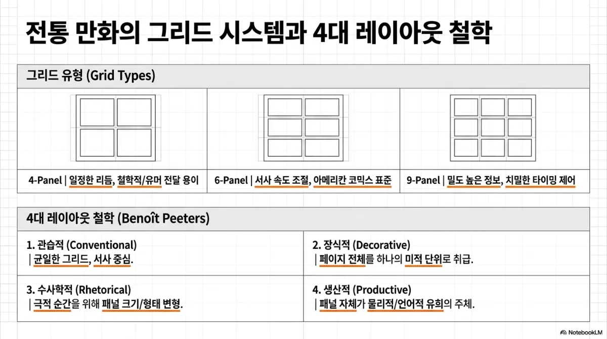 전통 만화의 그리드 시스템과 4대 레이아웃 철학 슬라이드. 그리드 유형 — 4-Panel은 일정한 리듬으로 철학·유머 전달이 쉽고, 6-Panel은 서사 속도 조절로 아메리칸 코믹스 표준이며, 9-Panel은 밀도 높은 정보와 치밀한 타이밍 제어. 4대 레이아웃 철학(Benoît Peeters) — 1. 관습적(Conventional) 균일한 그리드와 서사 중심, 2. 장식적(Decorative) 페이지 전체를 하나의 미적 단위로 취급, 3. 수사학적(Rhetorical) 극적 순간을 위해 패널 크기·형태 변형, 4. 생산적(Productive) 패널 자체가 물리적·언어적 유희의 주체